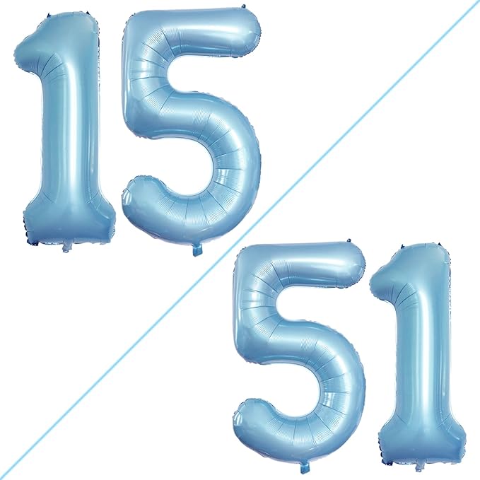 GOER Number 15 Balloons for 15th Birthday Sweet 15 Party Decorations,42 Inch Jumbo Foil Helium 51 Balloons for 51st Birthday Party Decoration (Light Blue)