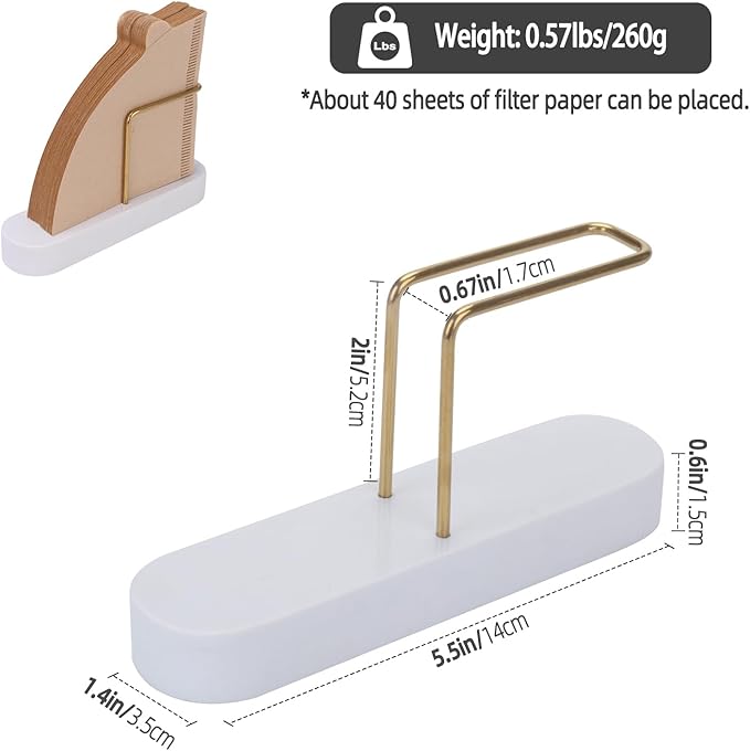 Coffee Filter Holder, Marble & Brass Cone Coffee Filters Holder Organizer Station, Stand Accessories for V60 Filters Size #01, #02 & #04, Thick and Heavy & Anti-slip (White)