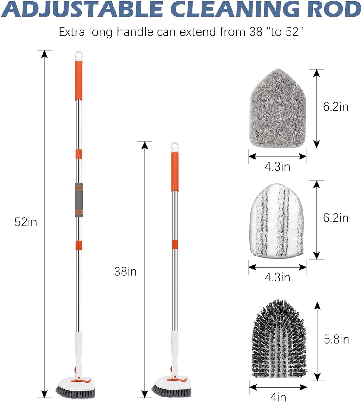 SetSail Floor Scrub Brush, 3-In-1 Tile Tub Floor Scrubber with 52-inch Adjustable Long Handle Shower Cleaner Brush and 4 Detachable Replacement Brush Heads for Cleaning Bathroom Kitchen Walls Tub Tile