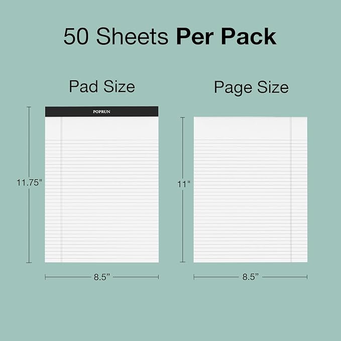 POPRUN White Legal Pads 8.5 x 11.75 College Ruled, 100GSM Writing Paper Pad, Bulk Lined Notepad Notebooks for Work School, Classroom Office Supplies, 3 Pack