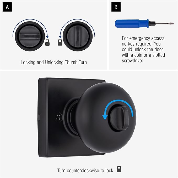 BRINKS – Contemporary Privacy Locking Interior Ball Door Knob, Matte Black - Designed for Sleek and Modern Homes and Blends Seamlessly with Interior Décor (E2436-122) (8 Pack)