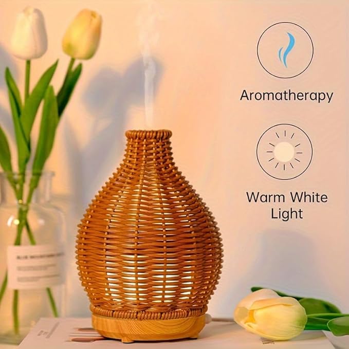Aromatherapy Essential Oil Diffuser Rattan Woven Aroma Diffuser with Warm Light 80ML Cool Mist Humidifier Waterless Auto Shut-off for Home,Baby Bedroom,Office