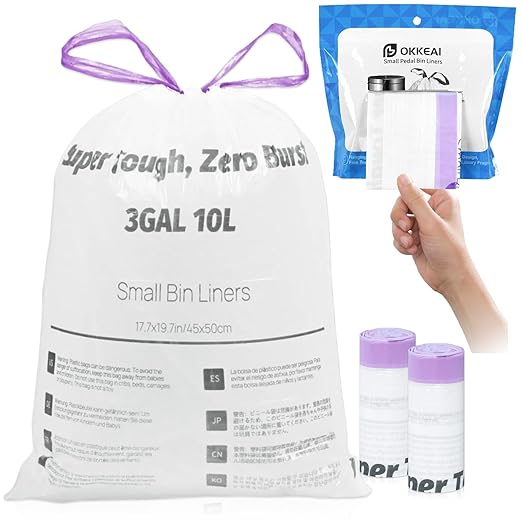 OKKEAI (2.6 Gallon) 3 Gallon Small Trash Bags with Drawstring, 64 Count Printed Bathroom Garbage Bags – Leak-Proof Tear-Resistant Wastebasket Liners for Bathroom, Kitchen, Office