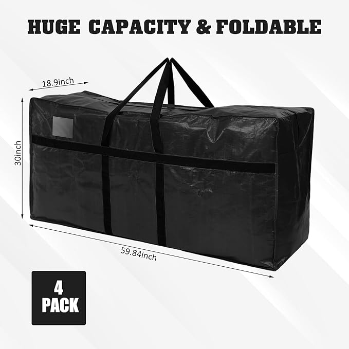4 Pcs 149 Gallon Large Moving Bags with Zipper and Handles Foldable Storage Duffle Bags Heavy Duty Extra Large Totes for College Dorm Travel Clothes Blankets Bedding Moving (Black)