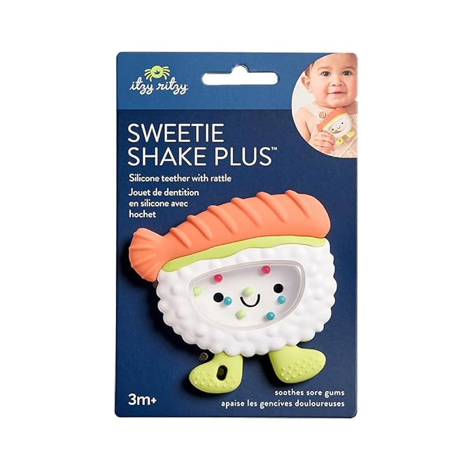 Itzy Ritzy Silicone Rattle Teether– BPA-Free Silicone Teether with Rattle for Babies & Toddlers – Features a Gentle Rattle Sound, Colorful Beads & Multiple Textures (Sushi)