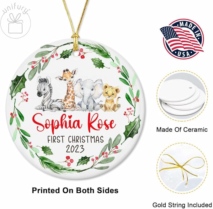 Unifury Personalized Baby First Christmas Ornament 2024, Keepsake for Babies First Christmas Tree, Holiday Decor for Celebrating Ceramic Babys 1st Christmas Ornament 2024, Safari Animal Holly