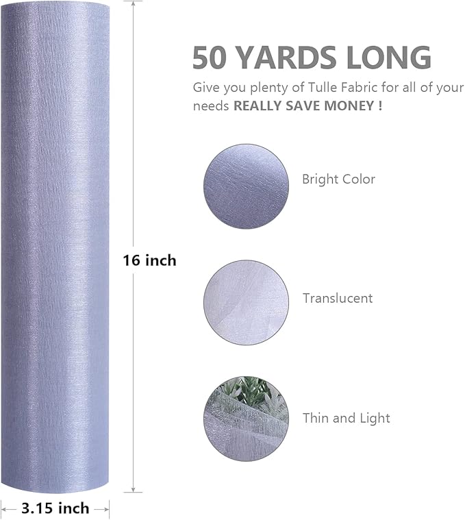 Crystal Organza Fabric Tulle - 16" by 50 Yards Sheer Fabric for Wedding Party Decoration Bridal Shower Tutu Roll Netting Spool Ribbon Wrapping (Grey)