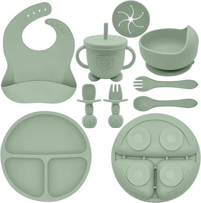 Silicone Baby Feeding Set | Baby Led Weaning Supplies Includes Suction Bowls and Divided Plates, Adjustable Bib, Baby Utensils Spoons and Forks,Cup | Baby Feeding Essentials (Light Green)