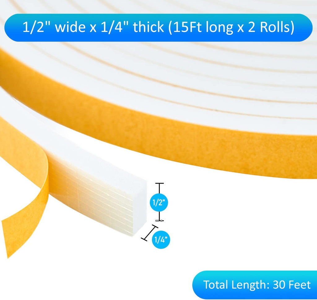 High Density Foam Weather Stripping Door Seal Strip Insulation Tape Roll for Insulating Door Frame, Window, Air Conditioner | Self Adhesive Sealing Weatherstrip (White, 1/2 in x 1/4 in 30 Ft)