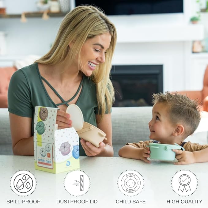 Silicone No Spill Snack Cups for Toddlers – Portable Baby Snack Cup Containers with Dustproof Lid – Dishwasher-Friendly Toddler Spill Proof Cups Without BPA, Lead, or Phthalates – Beige and Green