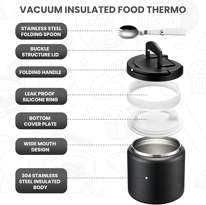 Soup Thermo for Hot Food Kids 25.5oz Lunch Containers with Buckle Lid Wide Mouth Hot Food Jar Vacuum Insulated Stainless Steel Bento Box Leakproof with Spoon(Black)