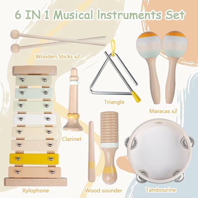 Baby Musical Instruments-Montessori Wooden Toys for Toddlers 1-3,Neutral Colors Percussion Instruments Set with Modern Boho Xylophone for Kids Preschool Educational 3+