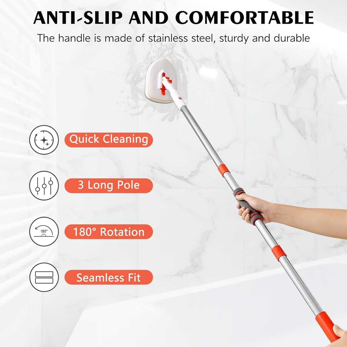 SetSail 4-in-1 Tile Tub Floor Scrubber with 52-inch Adjustable Long Handle Shower Cleaner Brush Comes with Window Scrubber and 3 Replacement Brush Heads for Cleaning Bathroom Kitchen Tub Tile,Orange