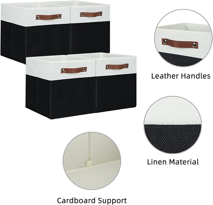 HNZIGE Cubes Storage Bins Set of 4,11 x 11 Fabric Storage Cube Baskets for Storage,Decorative Storage Bins for Shelves with Handles,Closet Clothes Baskets for Organizing Home(Black White)