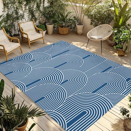 Outdoor Rug 3x5ft, Abstract Navy Blue Geometric Pattern Indoor Area Rug for Patio Backyard Deck Large Floor Mat, Modern Boho Nordic Style Non-Slip Outside Carpet Balcony Porch Camping Rugs Picnic Mat - size: 3' x 5' (Rectangular)