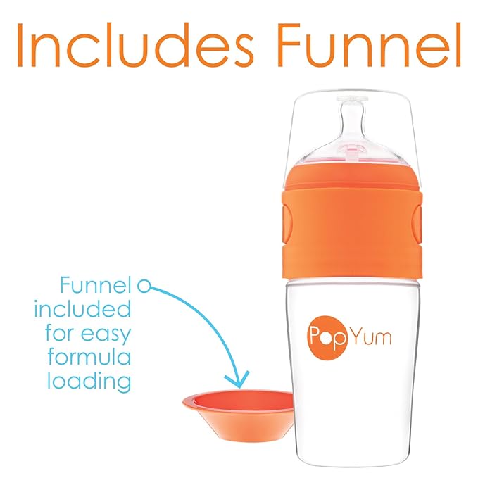 PopYum 9 oz Orange Anti-Colic Formula Making/Mixing/Dispenser Baby Bottles, 2-Pack with #2 Medium Flow Nipples, 260 ml, BPA-Free, Natural Latch