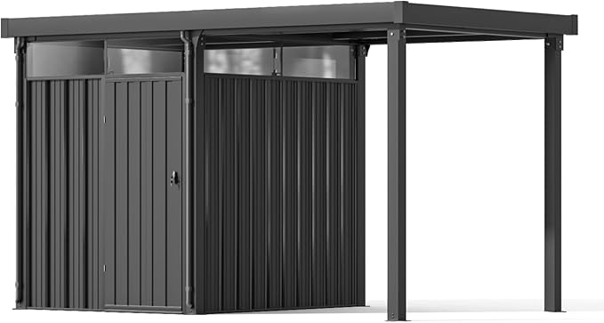 Patiowell 2-in-1 Outdoor Storage Shed, 7' x7' Galvanized Steel Metal Shed with 7' x 7' Porch Pergola Gazebo Outdoor Studio Open-Sided Firewood Shed for Backyard Patio Garden Lawn
