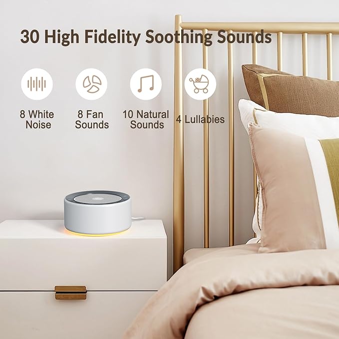 Nursery Lamp with Sound Machine, Mood Lighting, 7 Colors Night Light, 30 Soothing Sounds, White Noises for Baby, Adults. Timer, Plug in, Memory Function, Touch Control