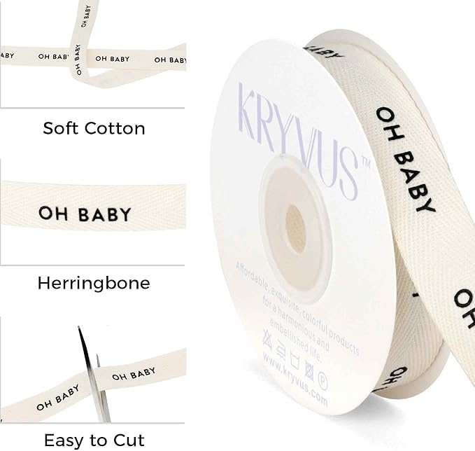 Baby Shower Ribbon - 5/8 Inch x 12 Yards Natural Twill Tape Ribbon, Cotton Herringbone Ribbons for Gift Wrapping, Birthdays, Christmas, Anniversaries, Valentine's Day, Mother's Day(OH Baby)