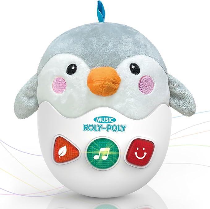 Infant Toys 0-3-6-12 Months Shower Gifts, Plush Cute Stuffed Animal Penguin Musical Baby Tummy Toys with Light & Sounds, Roly-Poly Easter Birthday Gift for Newborn Boys & Girls