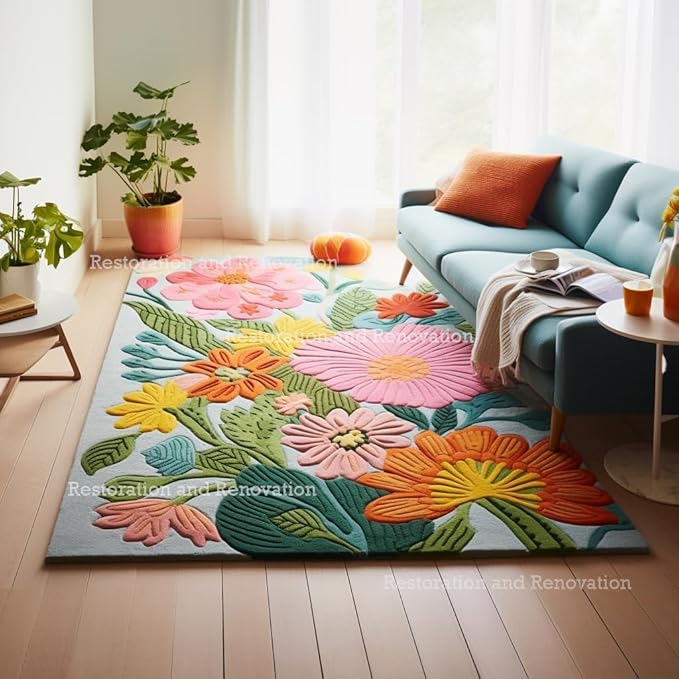 Handmade Wool Floral Area Rug for Living Room | Elegant Flower Garden Design, Soft, Thick and Durable | Bedroom, Dining Room & Home Decor Carpet (7' x 9', Floral F)