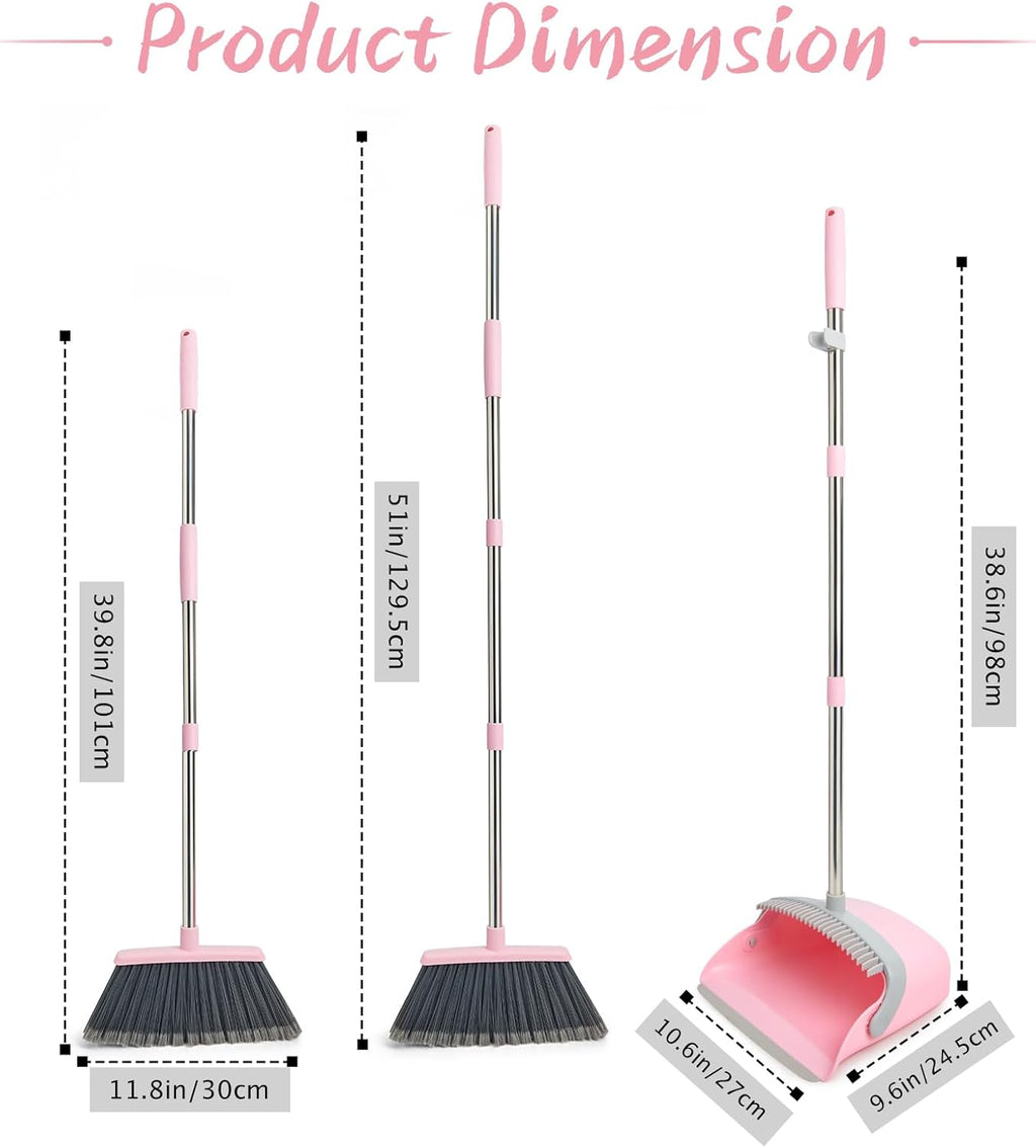 Broom and Dustpan Combo Set, Long Handle and Standing Dust Pan with Comb Teeth, Efficient Floor Cleaning for Kitchen, Outdoor, Dorm, Apartment, Office Lobby (Pink Gray)