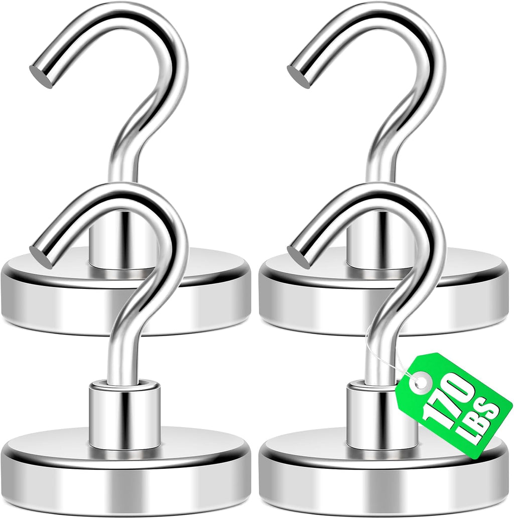 MIKEDE Magnetic Hooks Heavy Duty, 170Lbs+ Super Strong Magnet Hooks for Cruise Essentials, Neodymium Earth Magnets with Hook for Hanging, Magnetic Hanger for Fridge, Toolbox, Storage - 4 Pack