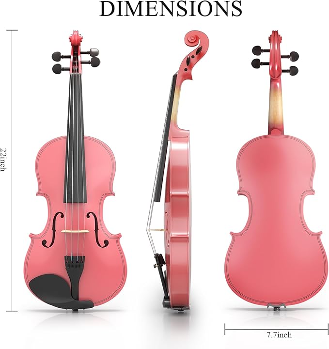 3/4 Beginner Violin Kit, Complete Violin Set with Case, Bow, Rosin, Pink