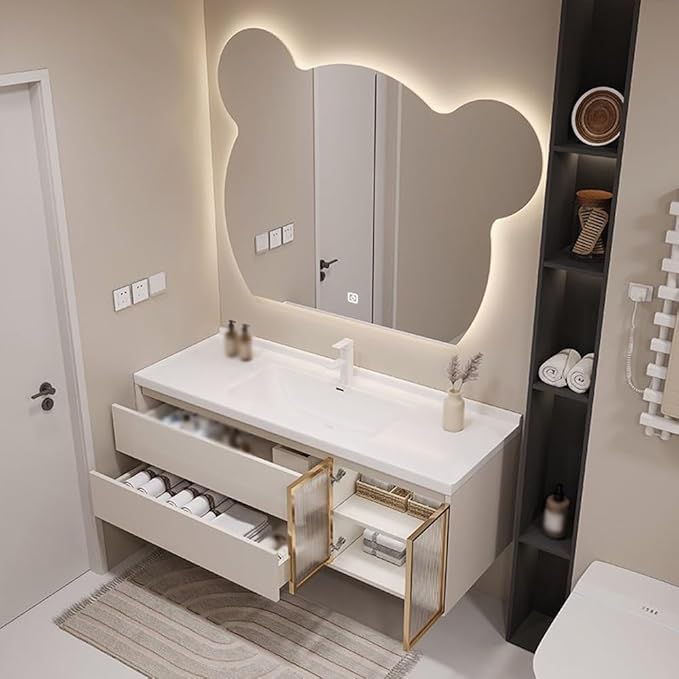 LTSRLL LED Vanity Mirror Cute Bear Decorative Mirror for Bathroom & Dressing Tabler Backlight Wall Mirror with 3 Color Dimmable Light Demister Pad Human Body Sensor Switch(Cut Left,80cmx95cm)