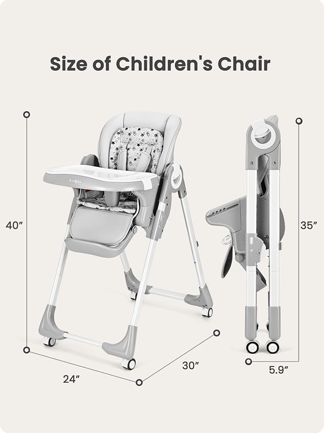 Foldable High Chair with Soft Cushion, High Chairs for Babies and Toddlers, Height Adjustable Feeding Chair, Adjustable Backrest and Footrest, Lockable Wheels, Star Gray