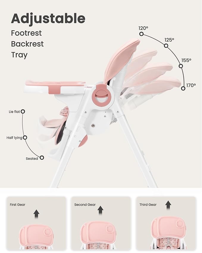 Foldable High Chair with Soft Cushion, High Chairs for Babies and Toddlers, Height Adjustable Feeding Chair, Adjustable Backrest and Footrest, Lockable Wheels, Star Pink