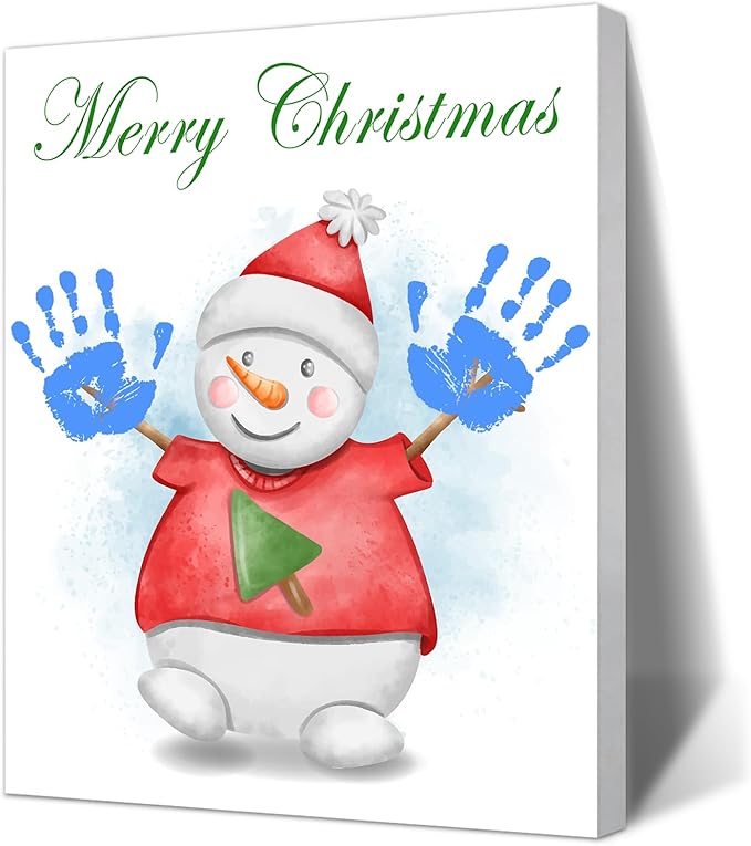 SHLINCO Snowman Handprint Keepsake DIY Kit, Baby's First Holiday Keepsake, Winter Decoration, Kids Family Footprint Art, 7.8x9.8 Inch Canvas, Suitable For Desktop Wall Ornaments