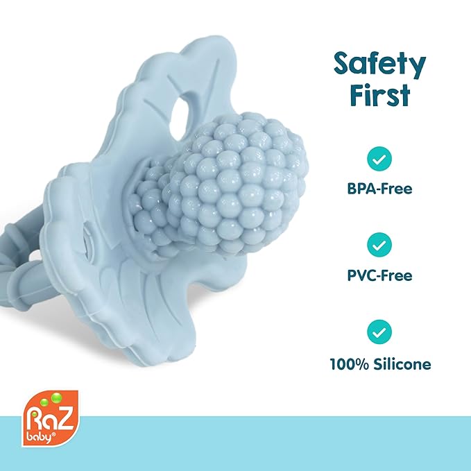 RaZbaby RaZberry Silicone Teether Pacifier – Teething Relief for Infants, Food-Grade, BPA-Free, Hands-Free, Natural Berrybumps Fruit Texture for Sensory Development, Freezable, 2-Pack - Red & Blue
