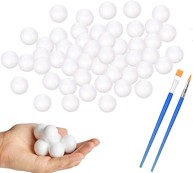 hesmartly 100 Pack 1 Inch Craft Foam Balls,White Polystyrene Smooth Round Balls and 2 Pieces Painting Brushes for DIY Projects Arts and Crafts Supplies