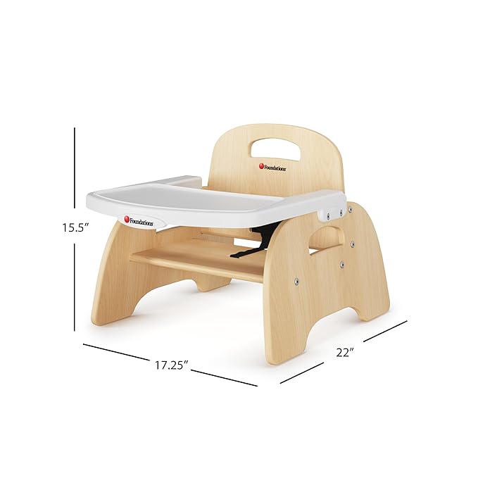 Foundations Easy Serve Low Wood Feeding Chairs Multipack, Adjustable Harness, Removable Dishwasher Safe Tray, No-Tip Base, Stackable Toddler Chairs, 2 Pack (5 inch)
