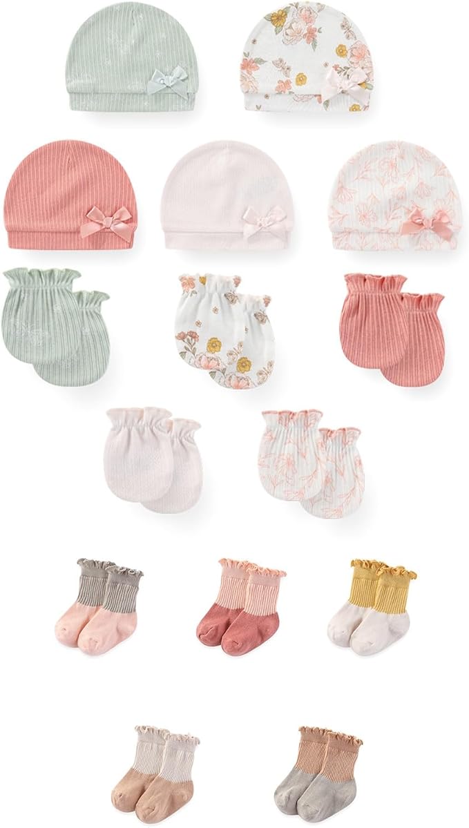 15 Pack Unisex New Born Boy Girls No Scratch Mittens Sets Cotton Soft Baby Gloves Hats socks Accessory 0-6 Months