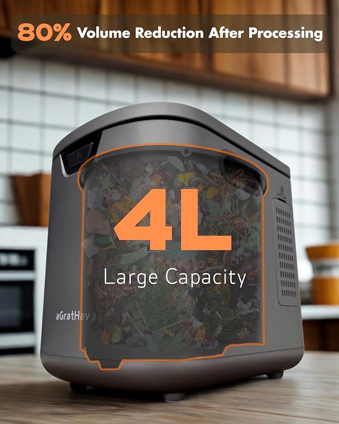 Electric Composter for Kitchen, Compost Bin - 4L Large Capacity, 3 Processing Modes, 3 Capacity Options, 2 Carbon Filters, Auto-Cleaning Auto-Drying (Black)