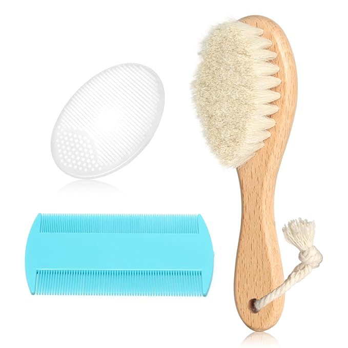 Baby Hair Brush and Comb Set, Wooden Natural Goat Bristles Hairbrush+Comb+ White Cradle Cap Brush Grooming Kit for Newborns Toddlers Boys Girls (Pack of 3)