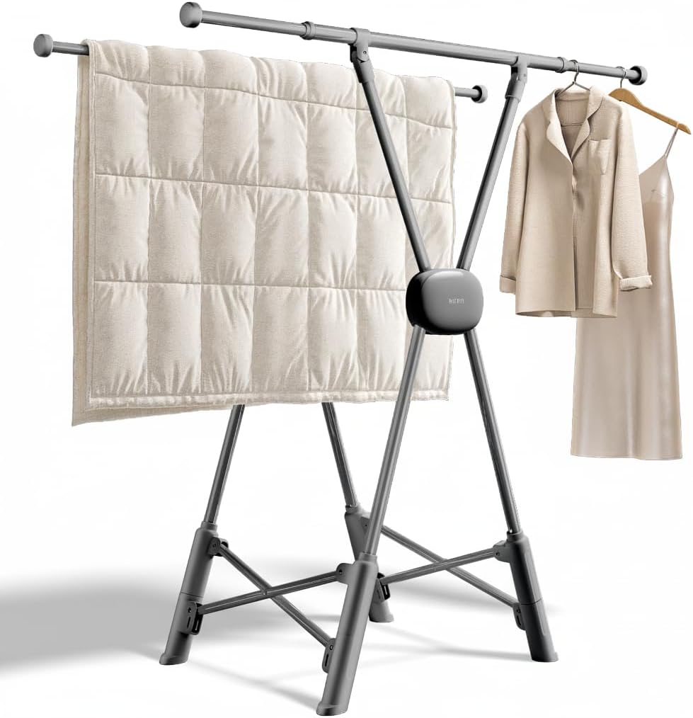 BIREN Clothes Drying Rack Heavy Duty Clothing Racks Extending Laundry Rack Two Drying Modes Garment Racks for Drying Clothes, Adjustable Length from 32-55 Inches for Indoor Outdoor Use
