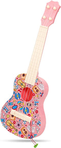 LeeQee 21in Colorful Graffiti Ukulele Guitar for Kids, 4 Strings Kids Guitar Ukulele Musical Instruments Learning Educational Toys with Picks for 3 4 5 6 7 8 9 10 11 12 Toddler Boys Girls (Pink)