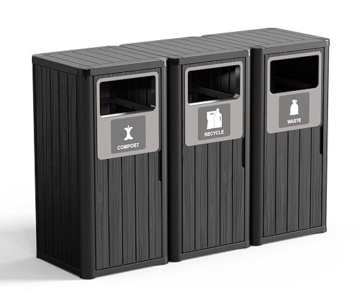 ROJIK 35" Tall Outdoor Trash Can,Weatherproof Resin Garbage Indoor Durable Lightweight,Suitable for Patio Office Kitchen,Easy to Clean,Assemble(Waste&Recycle&Composter, Black)