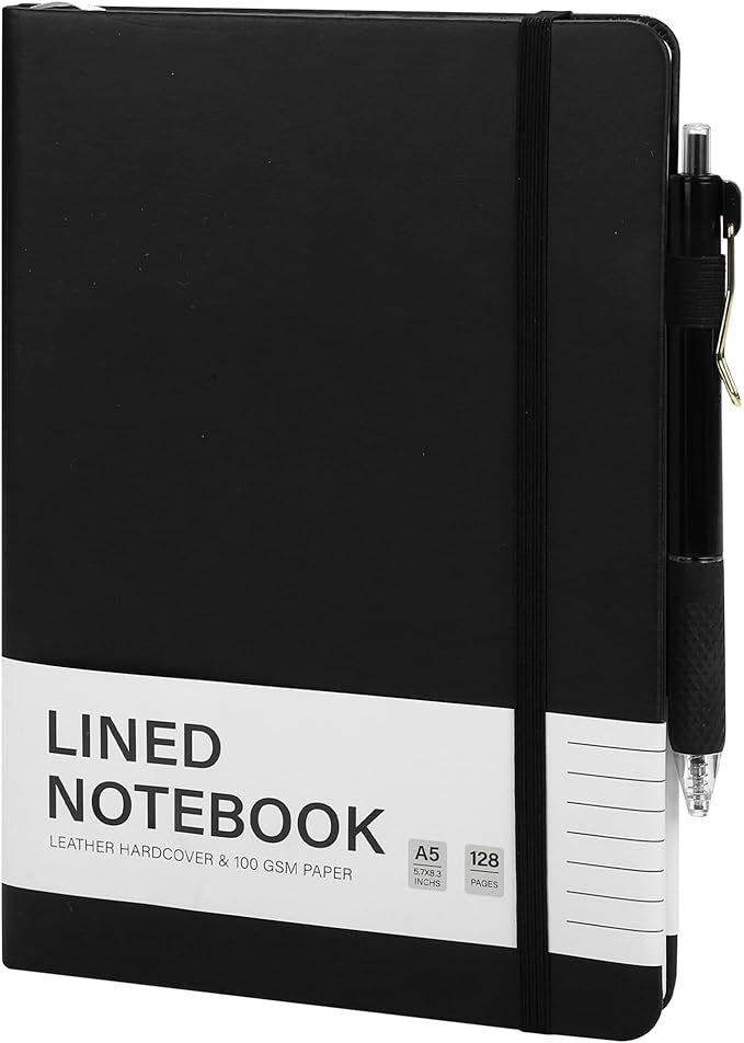 Aodaer 1 Set Lined Notebook Journal with Pen A5 Notebooks 100 GSM College Ruled Hardcover Notebook PU Leather Notepad with Pen Holder for Office School, 5.7 x 8.3 Inches, Black