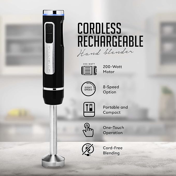 OVENTE Cordless Immersion Hand Blender, Rechargeable Handheld Portable Stick Mixer with 8 Mixing Speed Option, One-Touch Control and Stainless Steel Blades for Smoothies, Shakes or Soups, Black HR781B