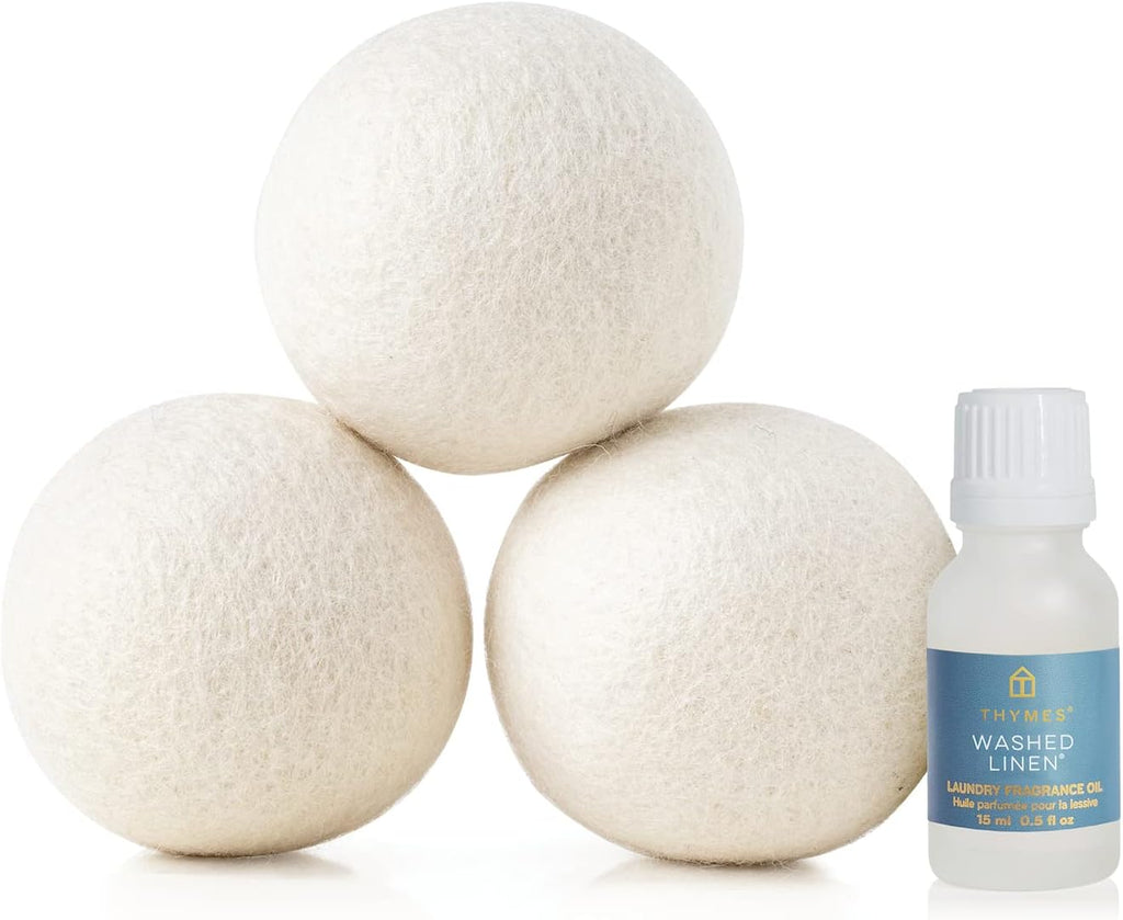 Thymes Wool Dryer Balls Set – Includes 3 Wool Laundry Balls + 1 Scented Laundry Fragrance Oil for Dryer – Eliminate Wrinkles, Static & Lint (Washed Linen, 0.5 fl oz)