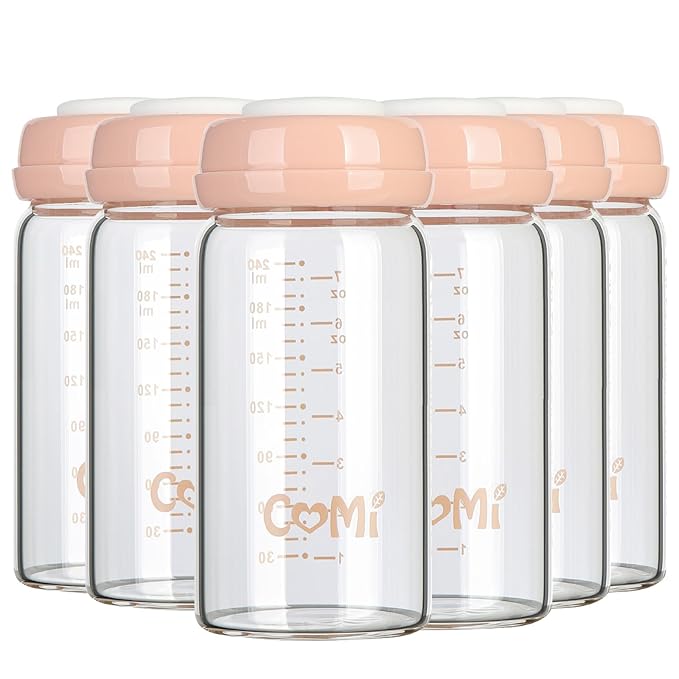 COMI Wide Neck Glass Breastmilk Collection n Storage Bottle, 8oz with Screw Ring Sealing Disk; Re-markable Sealing Disc. BPA Free, Fits Breast Pumps & Nipples (6 Pink Lids)
