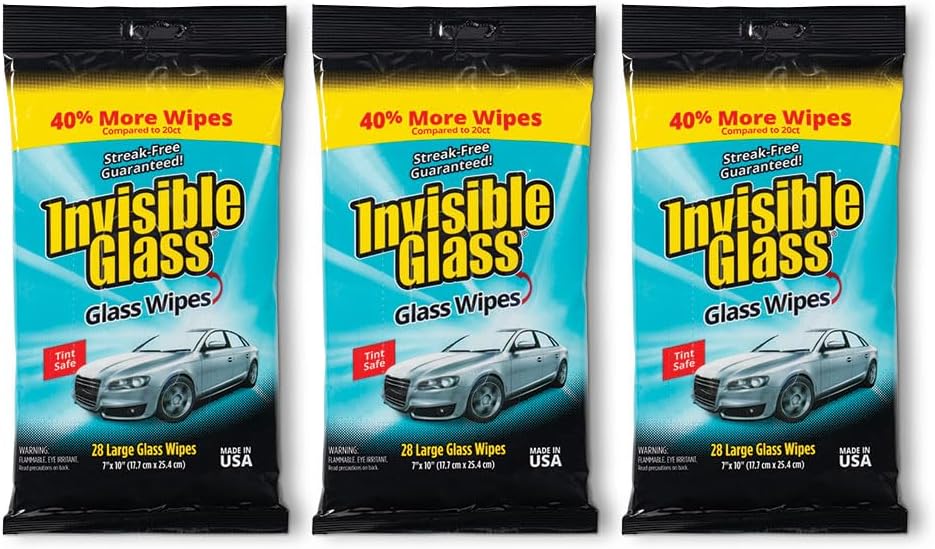 Invisible Glass 90161-3PK Large Glass Cleaning Wipes for Streak-Free Windows, Mirrors, and Glass, Lint-Free, Ammonia-Free, Tint-Safe, for Home and Auto, Flat Pack, 28 Wipes, Pack of 3
