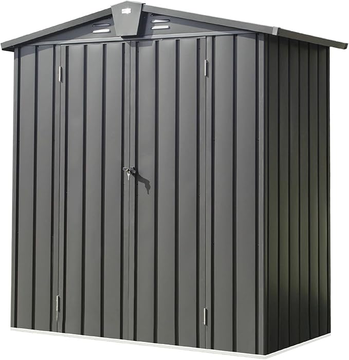 Small Outdoor Storage Shed 5.7x3ft Galvanized Steel, Large Capacity Garden Tool Shed with Gable Roof & Lockable Double Doors - Utility Shed for Patio, Backyard, Lawn (Dark Gray)