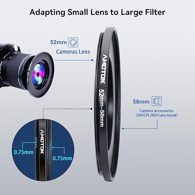 52mm Lens to 58mm Camera Filters Ring Compatible All 52mm Camera Lenses to 58mm UV CPL ND Filter Accessory and 58mm Lens Hood(52-58mm)