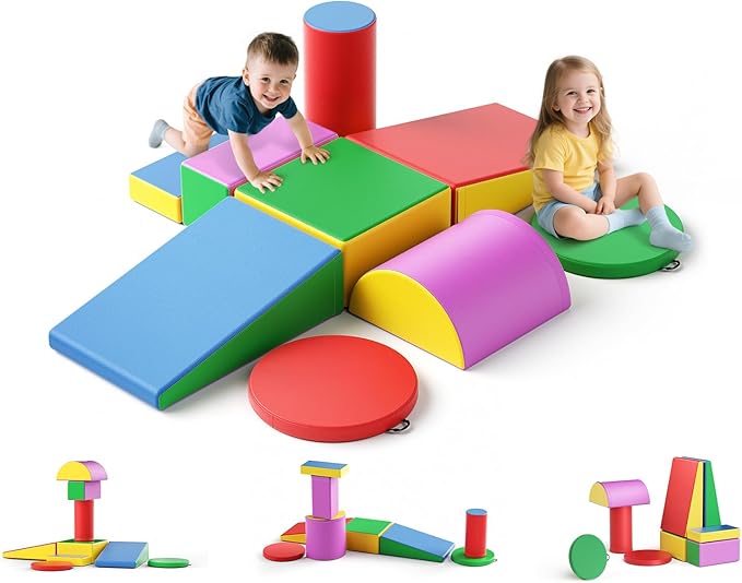 Lischwert Foam Climbing Blocks, Soft Climbing Toys for Toddlers, 9 Pieces Crawl and Climb Foam Playset with Cushion Pad, Indoor Climber Activity Play Set for Kids Age 1+(Colorful)
