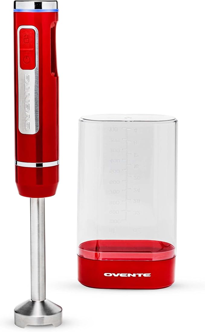 OVENTE Cordless Immersion Hand Blender, Rechargeable Handheld Portable Stick Mixer with 8 Mixing Speed Option, One-Touch Control and Stainless Steel Blades for Smoothies, Shakes or Soups, Red HR781R